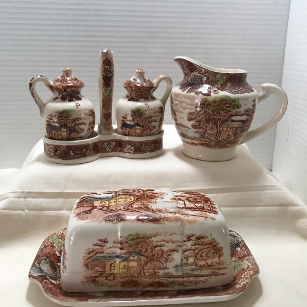 Brown Transferware Creamer, Butter Dish & Condiment Set